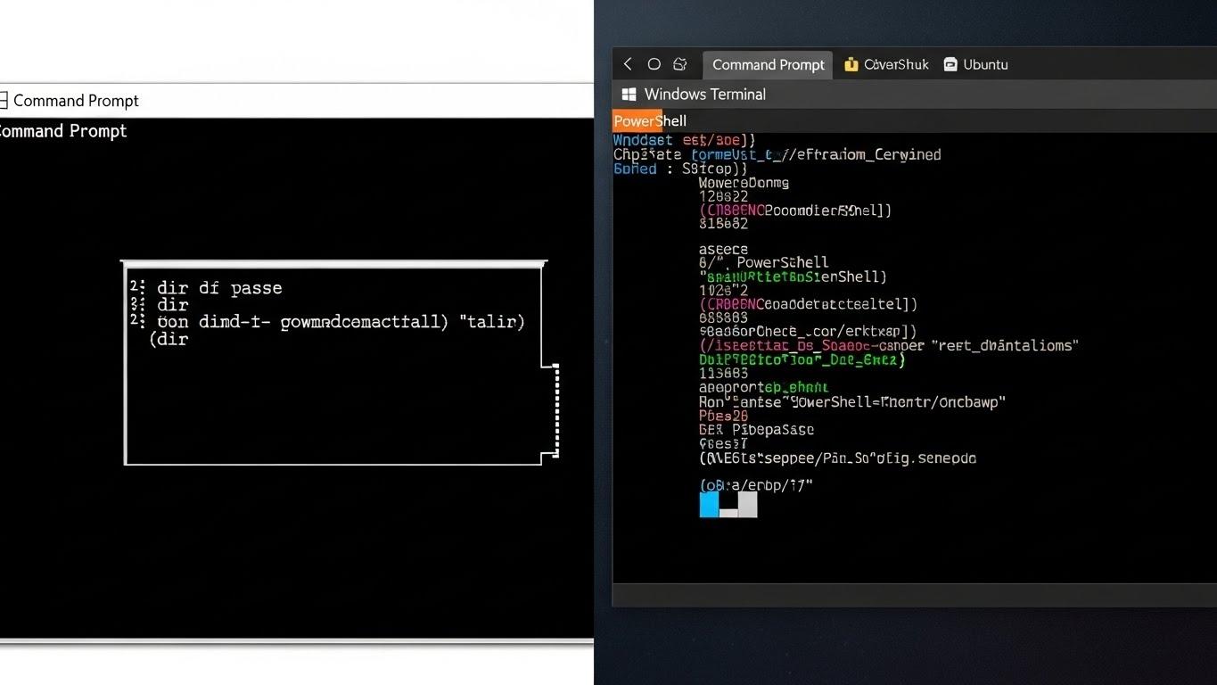 従来のWindowsコンソール conhost と最新のWindows Terminalの画面比較図。