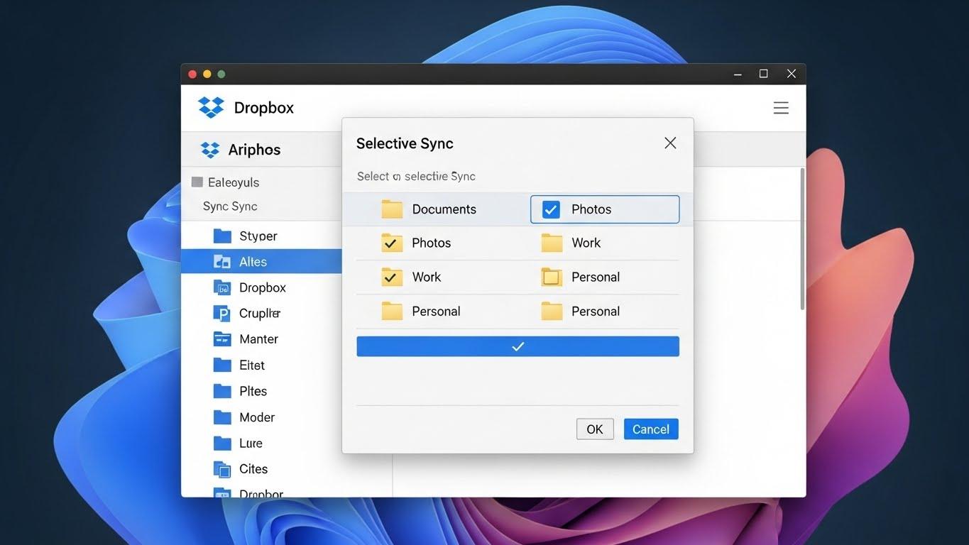 Dropboxデスクトップアプリのインターフェースで、「選択型同期」のオプションが開かれており、ローカルPCに同期するフォルダを選択している画面。