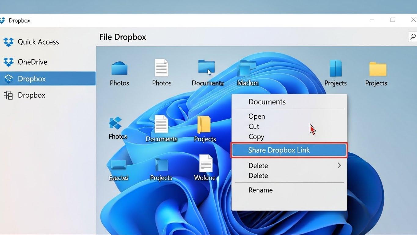 WindowsのエクスプローラーでDropboxフォルダ内のファイルを右クリックした際に表示される、共有リンク作成のコンテキストメニュー。