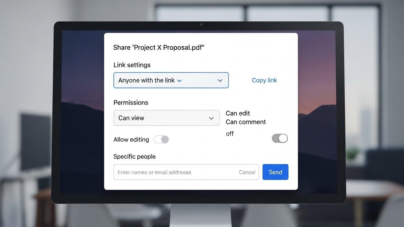 クラウドストレージのファイル共有ダイアログボックスで、「リンクを知っている全員」や「特定のユーザー」などのアクセス権限と、編集権限の設定オプション。