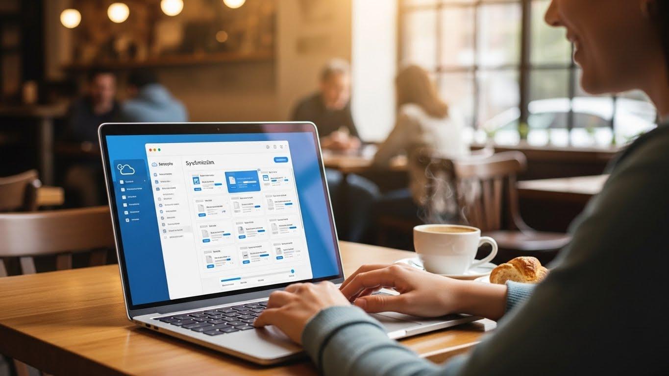 カフェでノートパソコンを使って快適に仕事をしている人の画像。画面にはクラウド同期されたファイルが見え、柔軟なモバイルアクセスが可能であることを示している。
