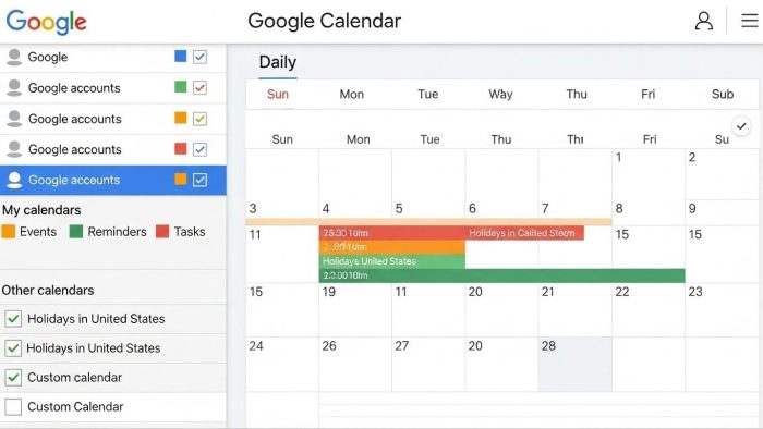 Googleカレンダーの左サイドバーでの複数アカウント表示設定画面
