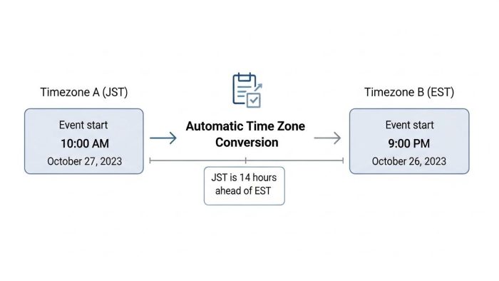 予定のタイムゾーン自動変換の仕組み図