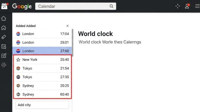 Googleカレンダーの世界時計機能の設定画面