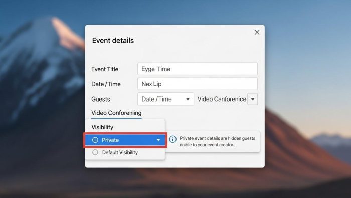 Googleカレンダーの予定作成画面で、「公開設定」のプルダウンから「非公開」が選択されている状態。