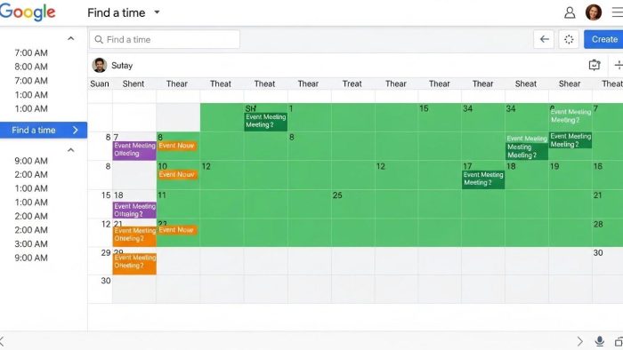 Googleカレンダーの「空き時間を見つける」機能で、複数人のカレンダーが並んで表示され、共通の空き時間がハイライトされている。