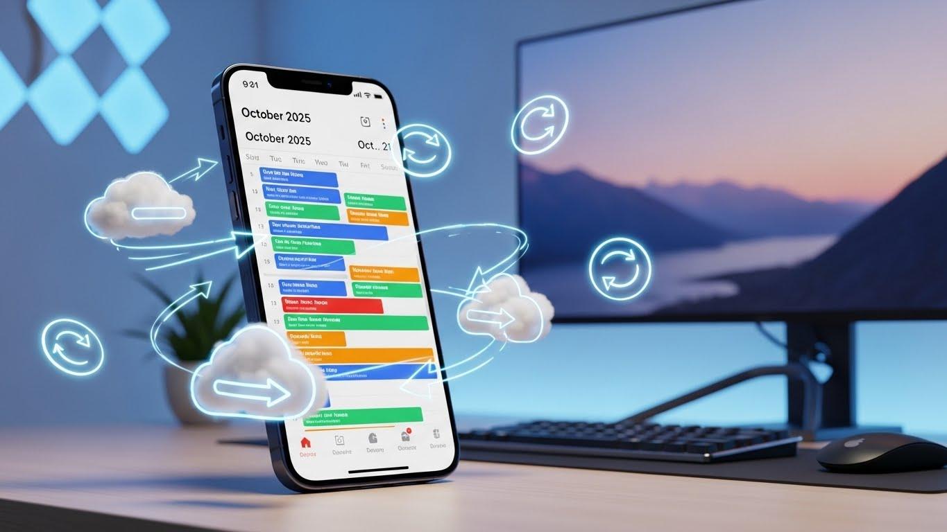 iPhoneとGoogleカレンダーが同期されているイメージ図。同期アイコンと予定表が表示されたスマートフォンのイラスト。