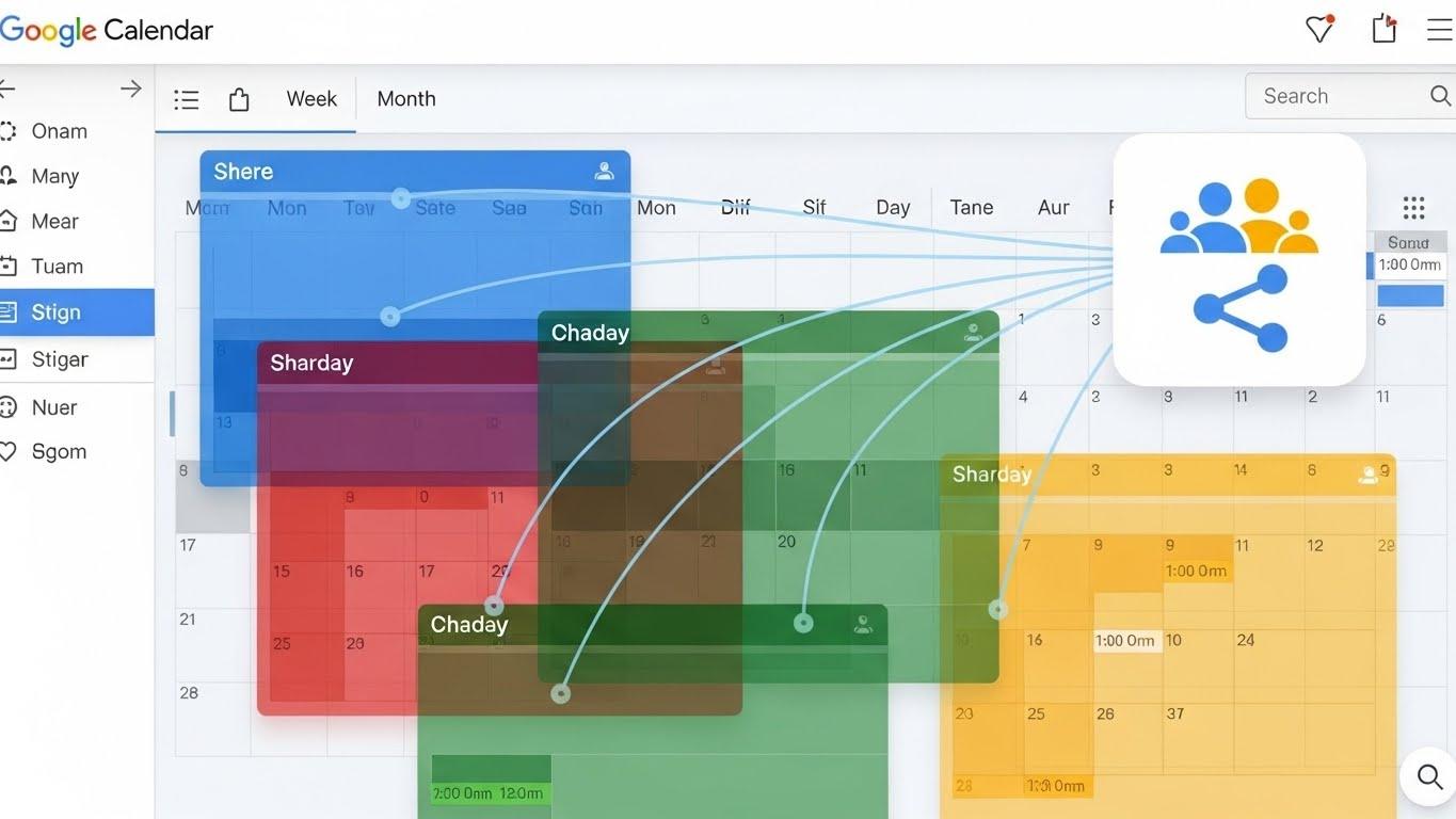 Googleカレンダーの共有画面で、複数の色のカレンダーが重なり、人々が協力してスケジュールを管理している様子。