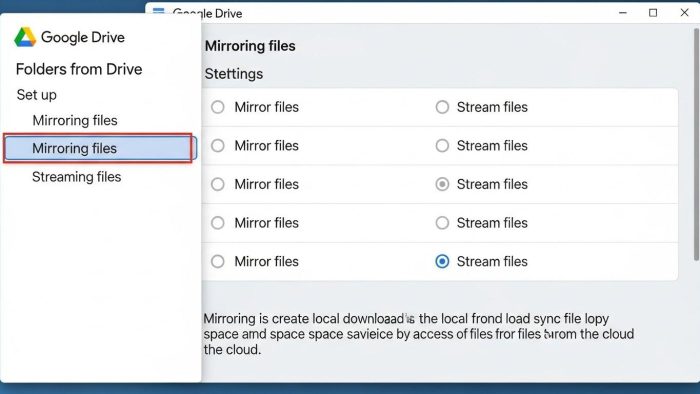 Google Drive for desktopの設定メニューで、「ミラーリング」（ローカルにコピー）と「ストリーミング」（オンデマンドアクセス）の同期オプションを選択している画面。