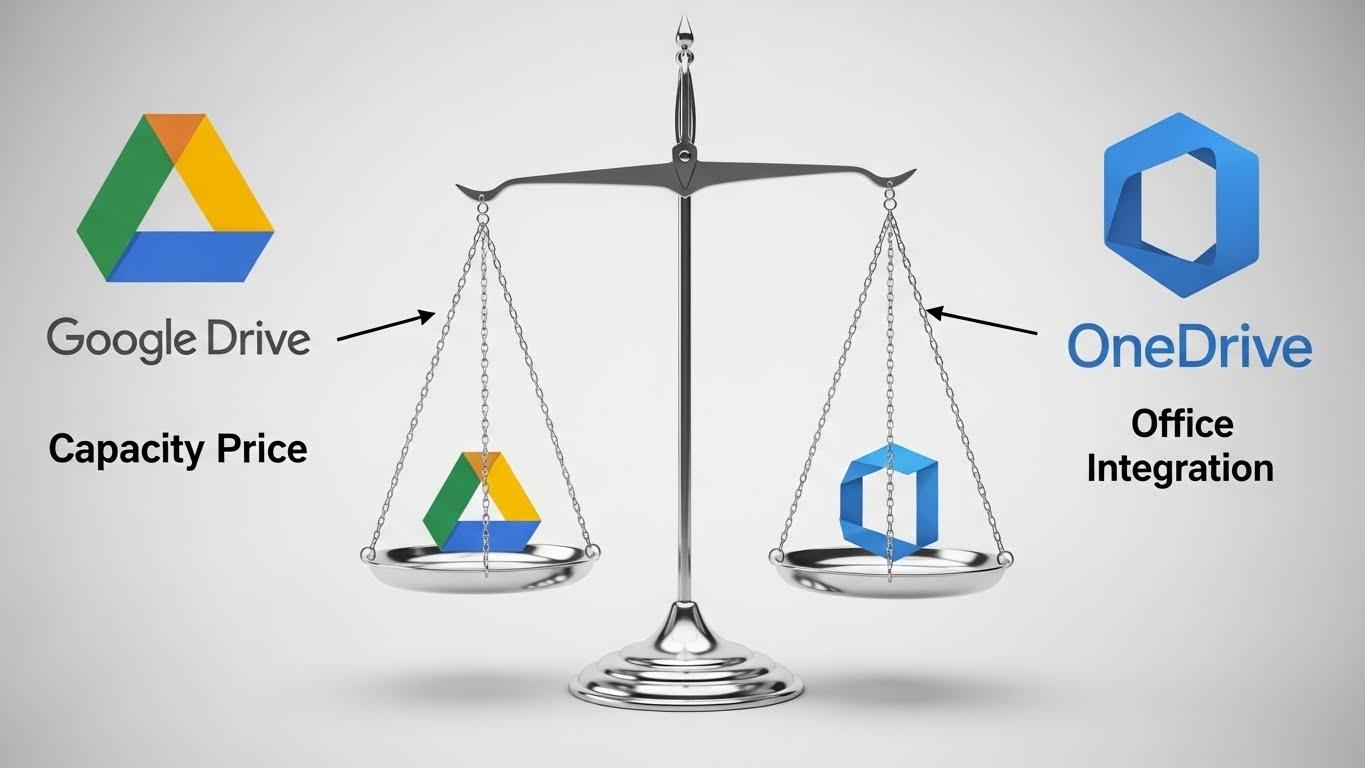 Google DriveとOneDriveのロゴが並び、容量、価格、機能などの比較ポイントを示す天秤が中央に配置された比較分析の画像。