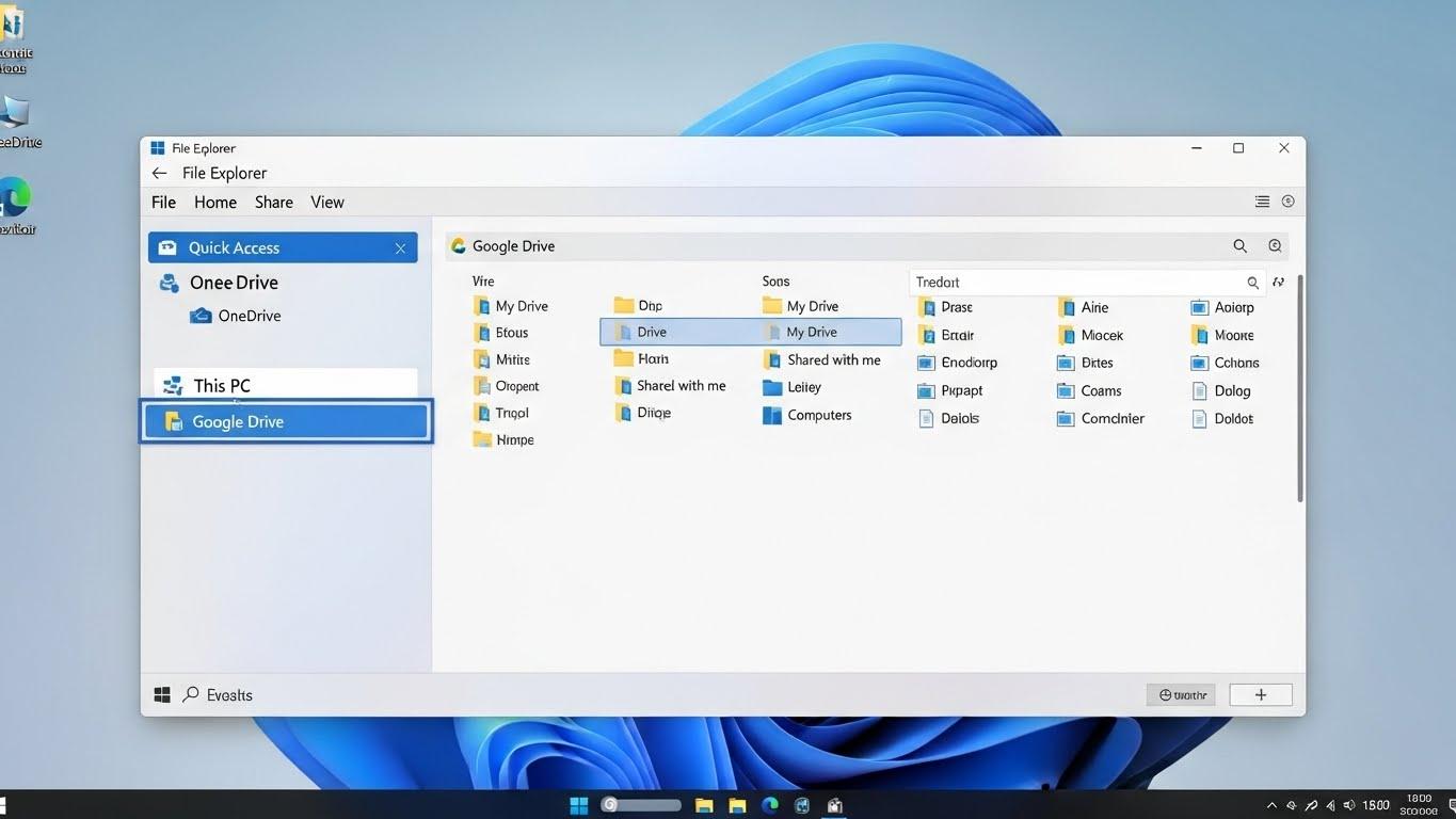 Windowsのエクスプローラーのナビゲーションペインに、仮想ドライブとして「Google Drive」が表示され、ローカルドライブと統合されている様子。