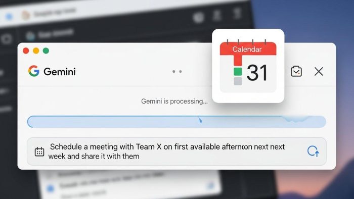 Google Geminiのチャット画面で、ユーザーが自然言語で会議のスケジュールと共有を依頼し、カレンダーアイコンが表示されている。