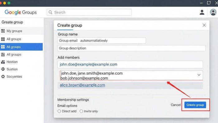 Googleグループの作成画面で、複数のメンバーのメールアドレスが入力され、グループとしてまとめられている様子。