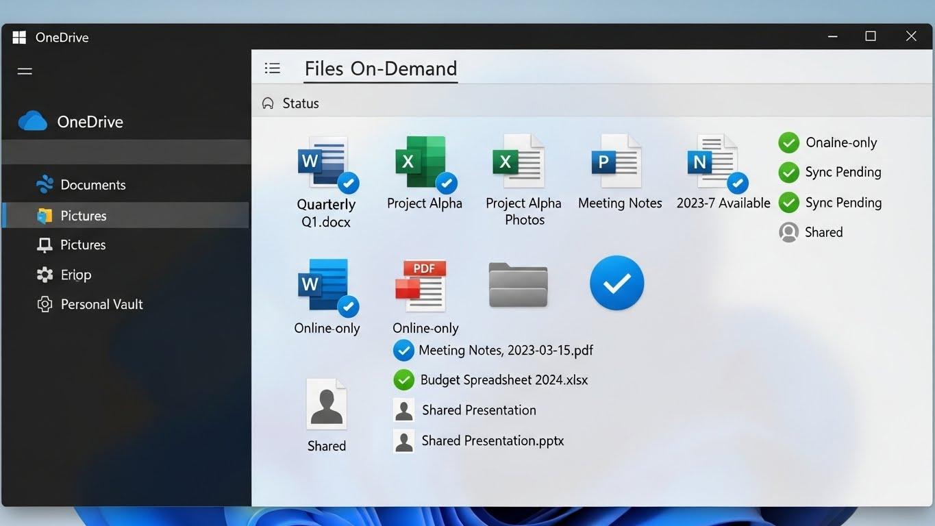 Windowsのエクスプローラー画面で、OneDriveフォルダ内のファイルに「雲マーク」や「チェックマーク」などのステータスアイコンが表示され、ファイルオンデマンド機能を示している。