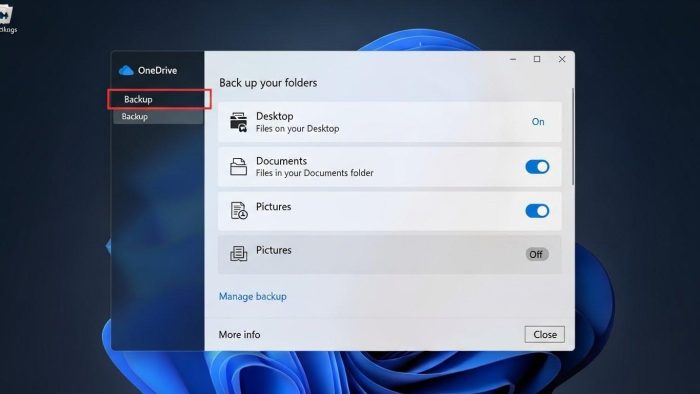 WindowsのOneDrive設定パネルで、「バックアップ」タブと、デスクトップ、ドキュメント、ピクチャフォルダの自動バックアップを有効にするオプション。