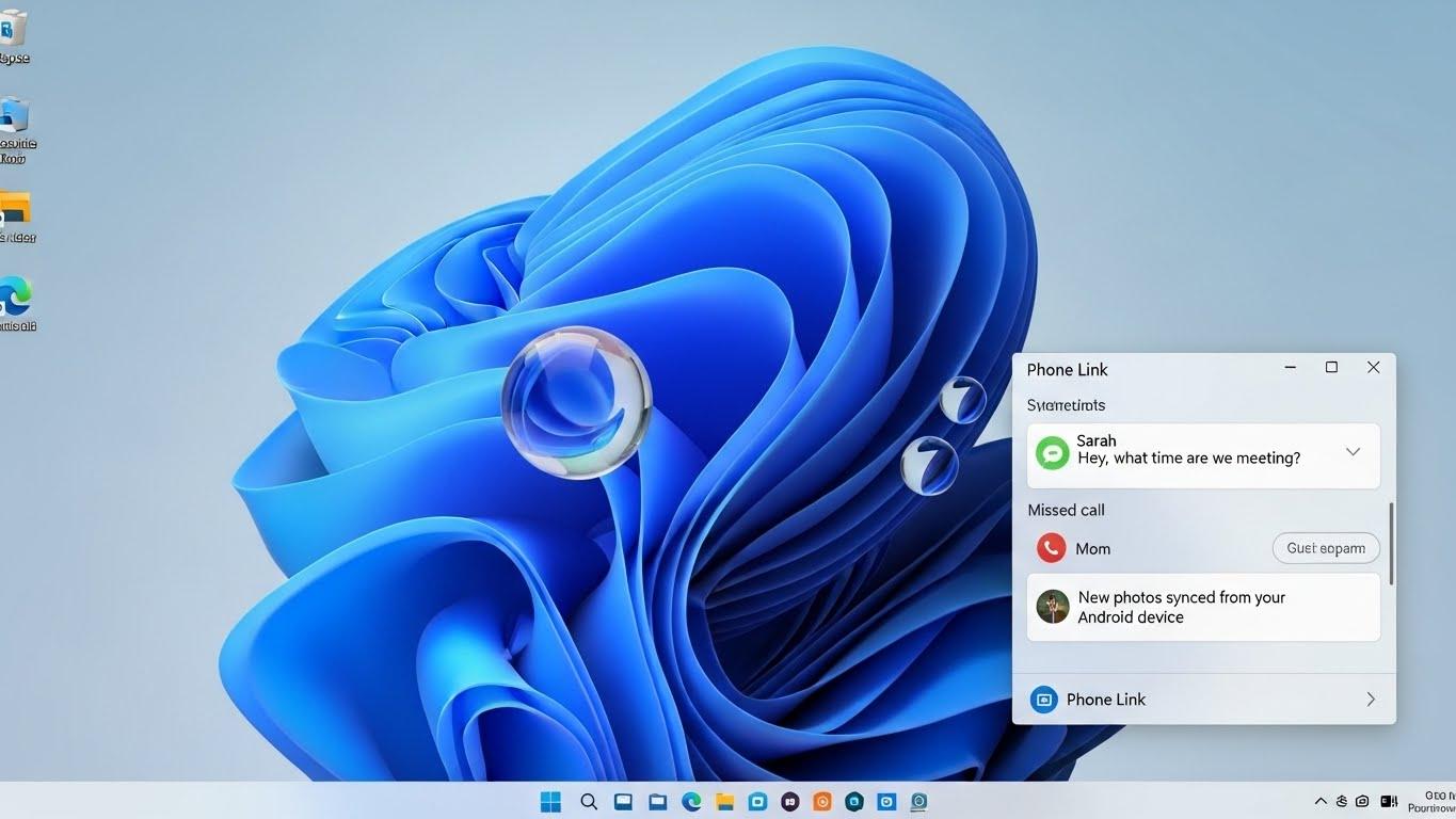 Windows 11のデスクトップ画面に、Phone Link経由で接続されたAndroidスマートフォンからの通知が表示されている。