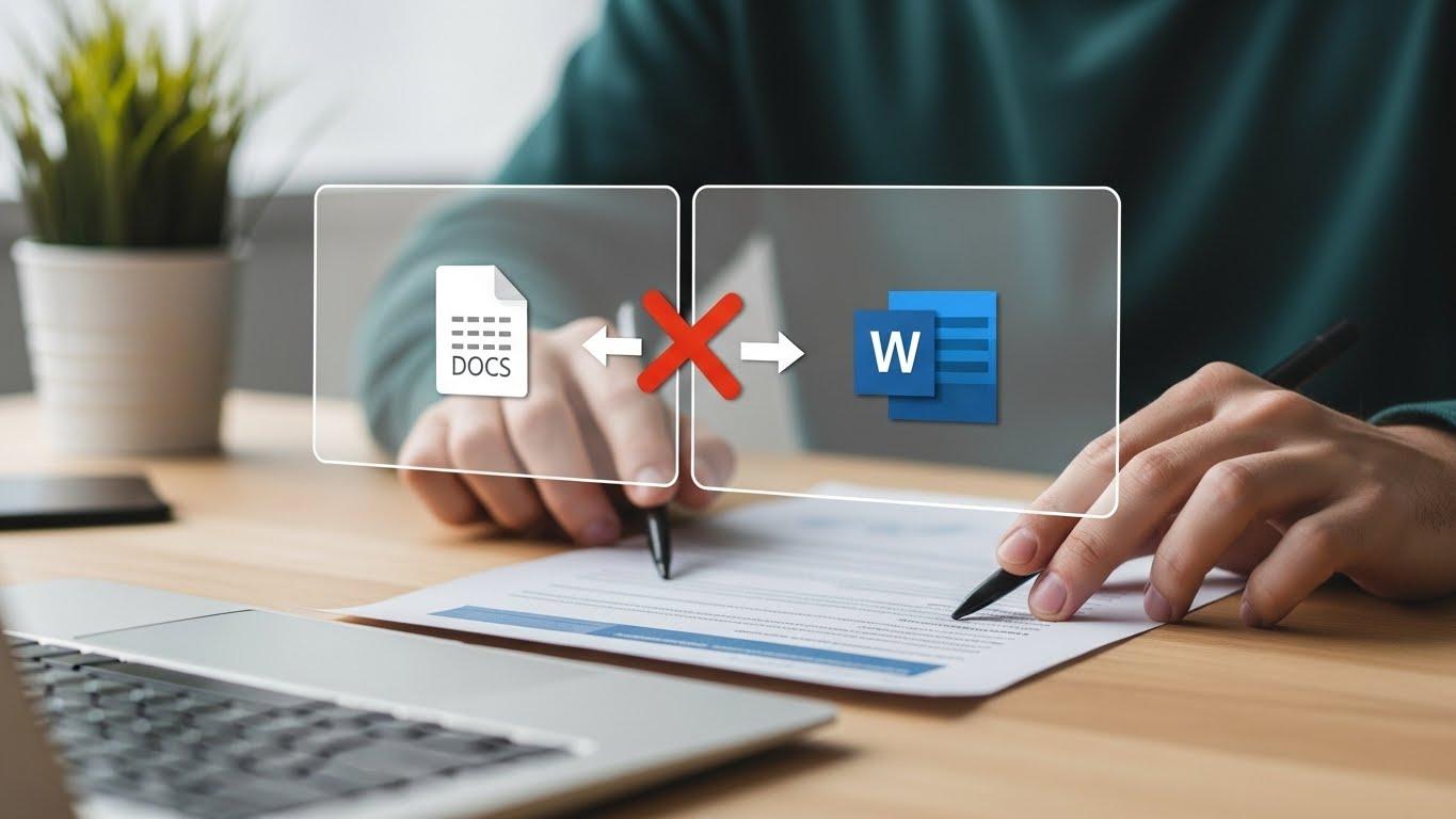 GoogleドキュメントとWordのアイコン間でスムーズなファイル交換が行われ、文書作成のワークフローがシームレスになっている様子。