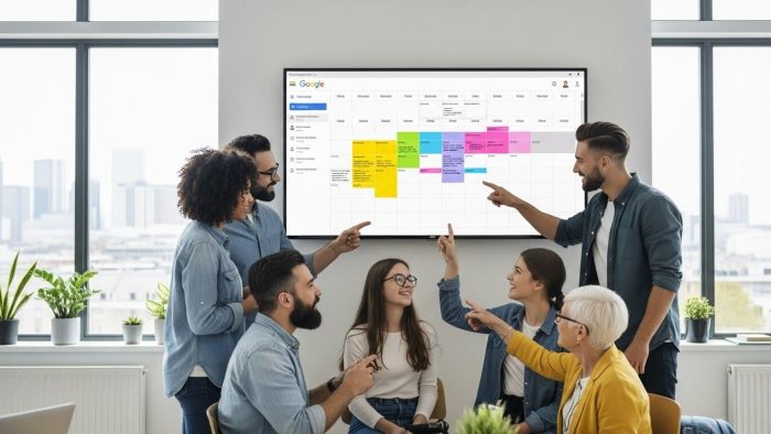 家族や同僚などの多様な人々が、Googleカレンダーの共有を通じてストレスなくスケジュール調整を行い、笑顔でいる様子。