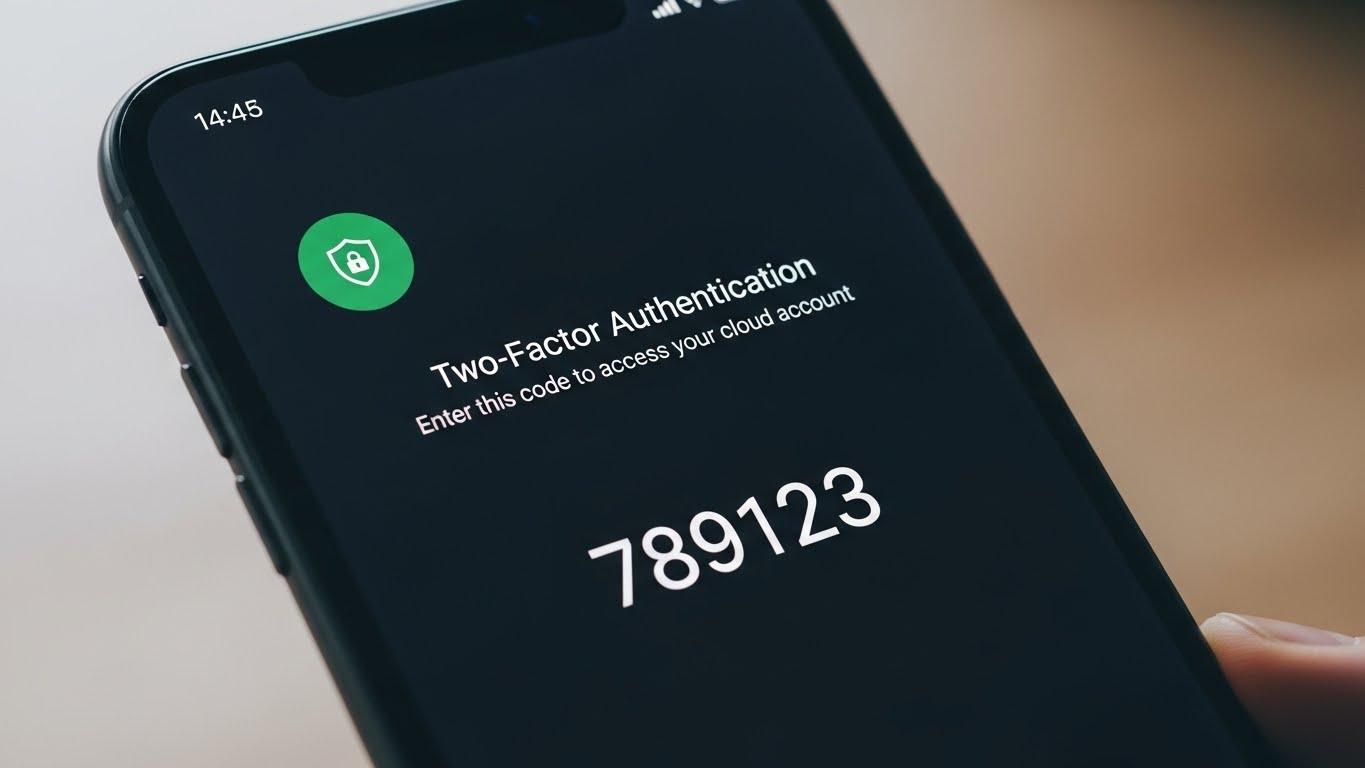 スマートフォン画面に二段階認証コードが表示されており、クラウドストレージへのアクセスセキュリティを強調している画像。
