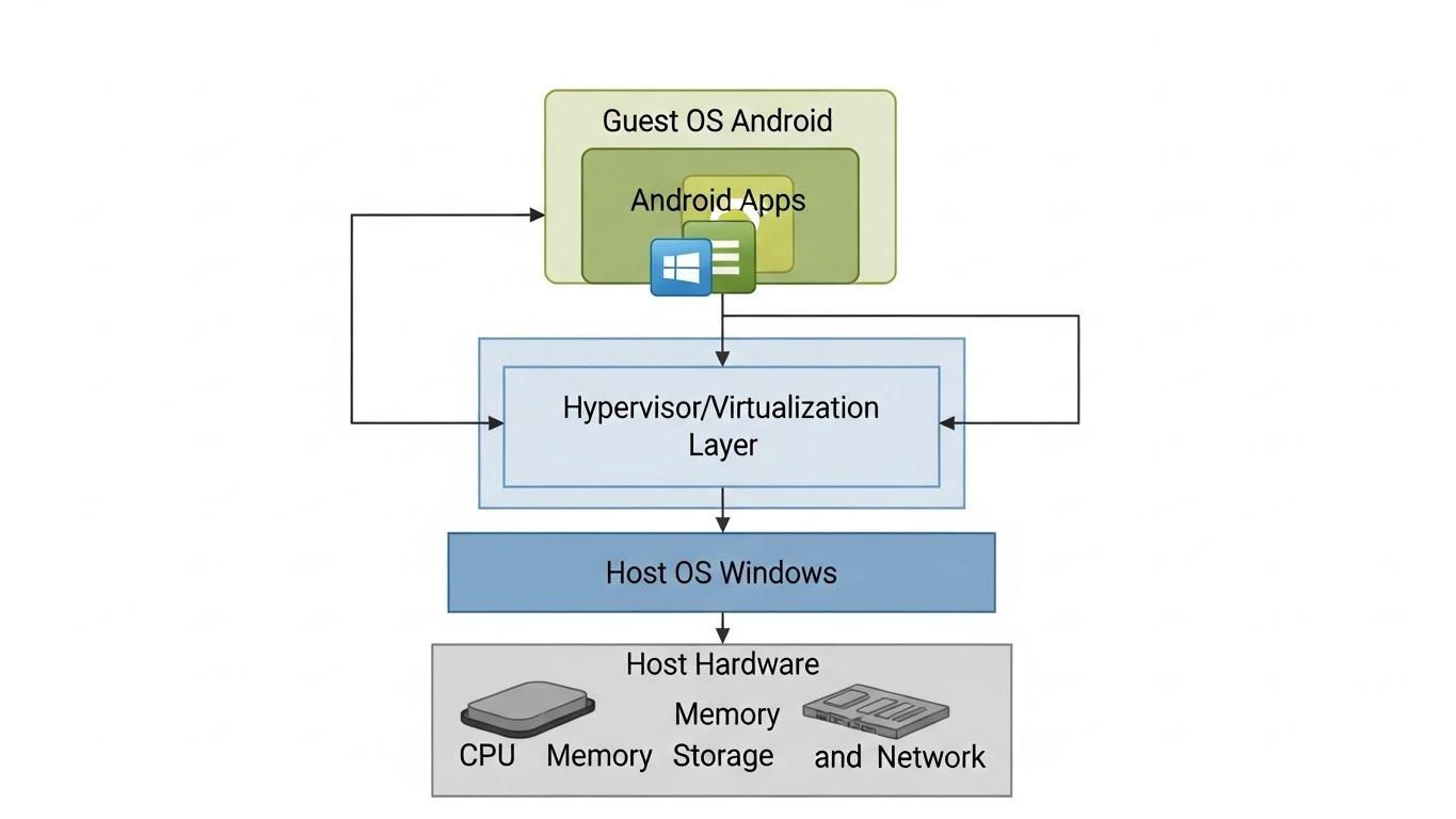 仮想マシンのアーキテクチャを図で示したもの。Windows上に仮想化レイヤーを介してAndroidが動作している。