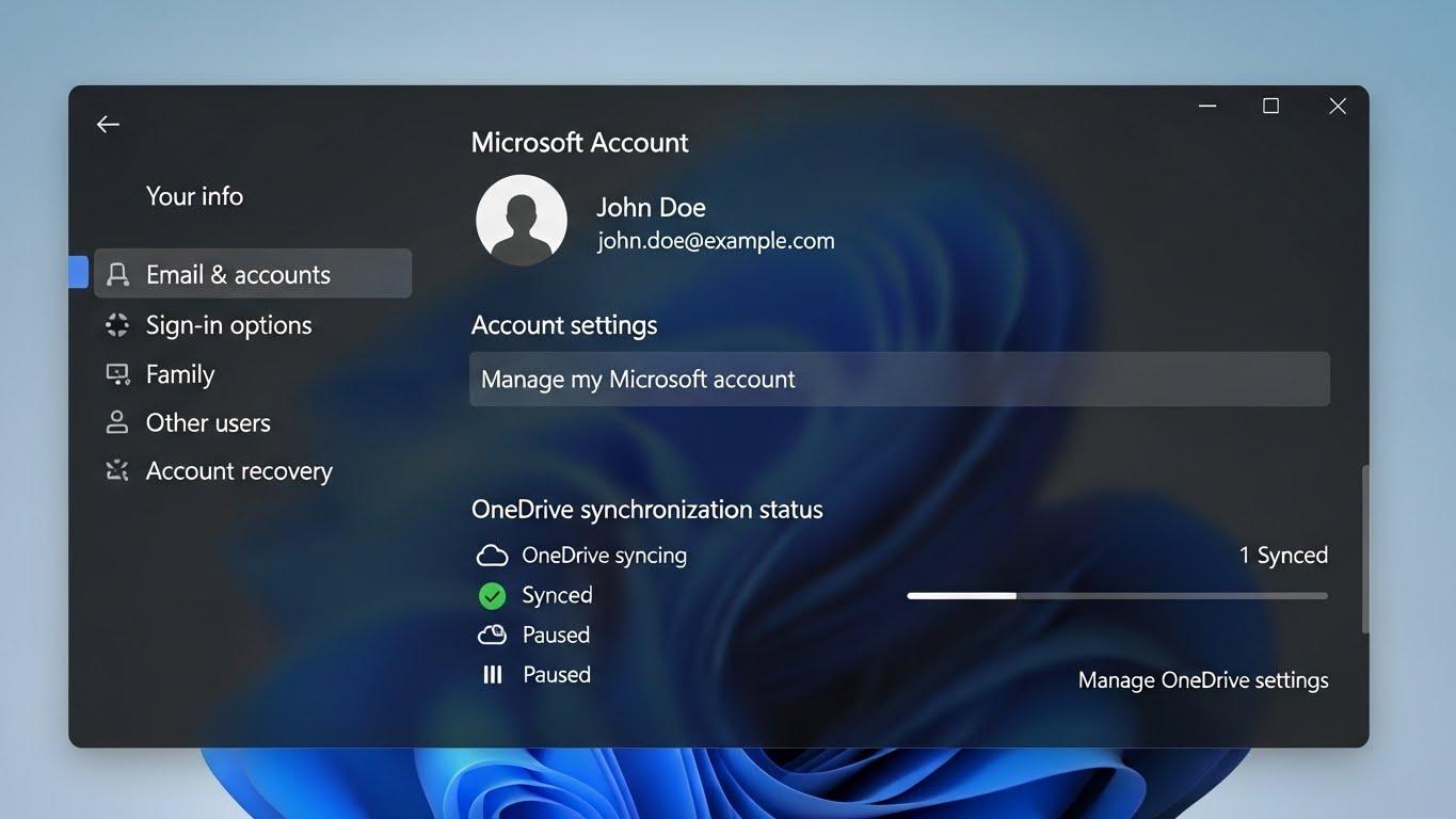 Windows 11の設定アプリの「アカウント」セクションで、MicrosoftアカウントとOneDriveの同期ステータスが表示されている画面。