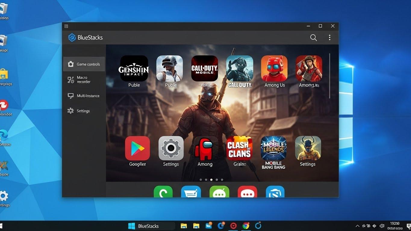 Windows PC上に表示されたBlueStacksエミュレーターの画面。複数のAndroidゲームアプリのアイコンが見える。