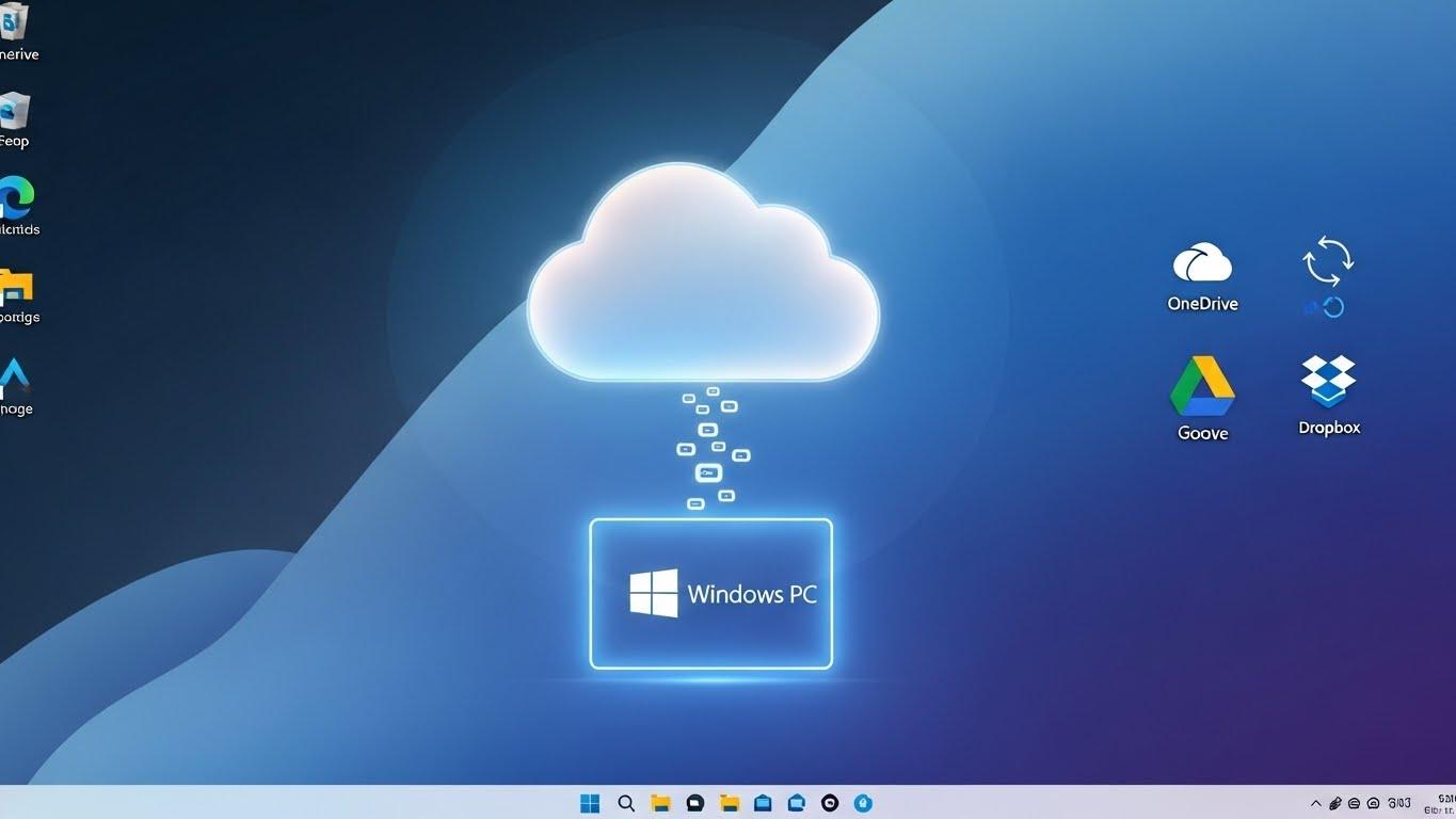 Windows PCのデスクトップ画面と、OneDrive、Google Drive、Dropboxなどの複数のクラウドストレージサービスがスムーズに連携している様子を示す画像。
