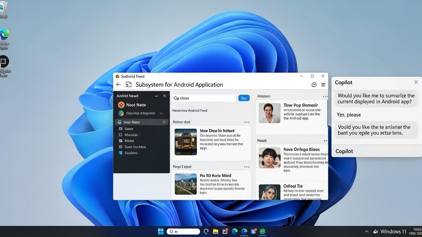 Windows 11のCopilotがWSAで起動したAndroidアプリの画面内容と連携している様子。