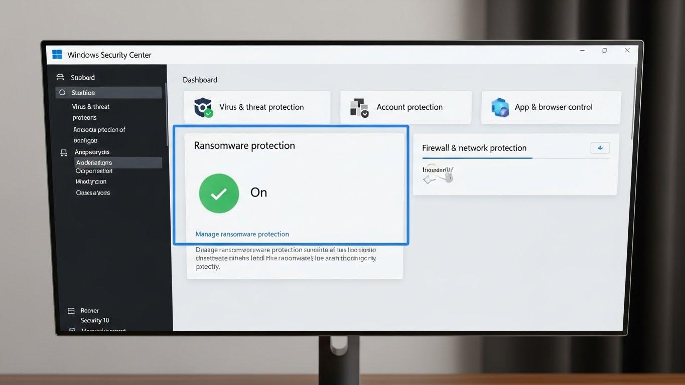 Windowsセキュリティセンターのダッシュボード画面で、「ランサムウェア保護」やセキュリティステータスに関連するセクションがハイライトされている。