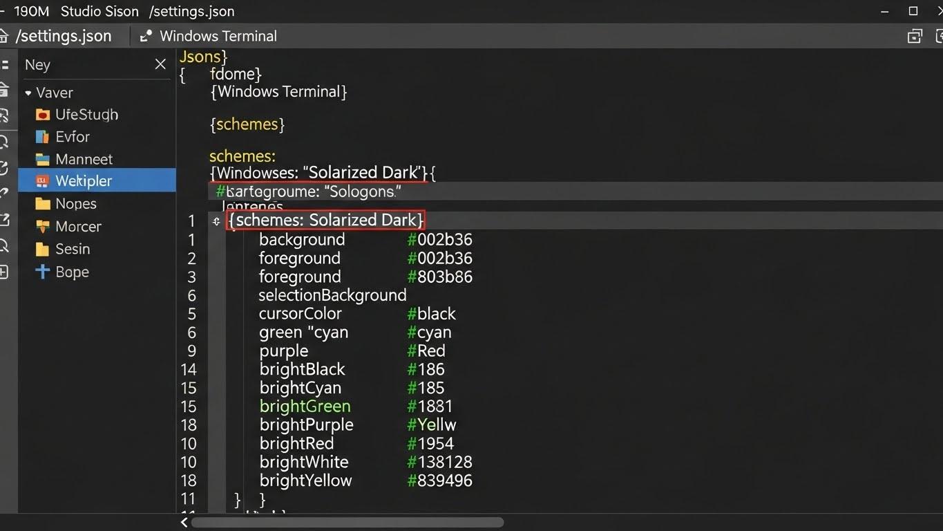 ettings.jsonのschemesセクションで、新しいカラーテーマが詳細な色の値で定義されているJSONコード。
