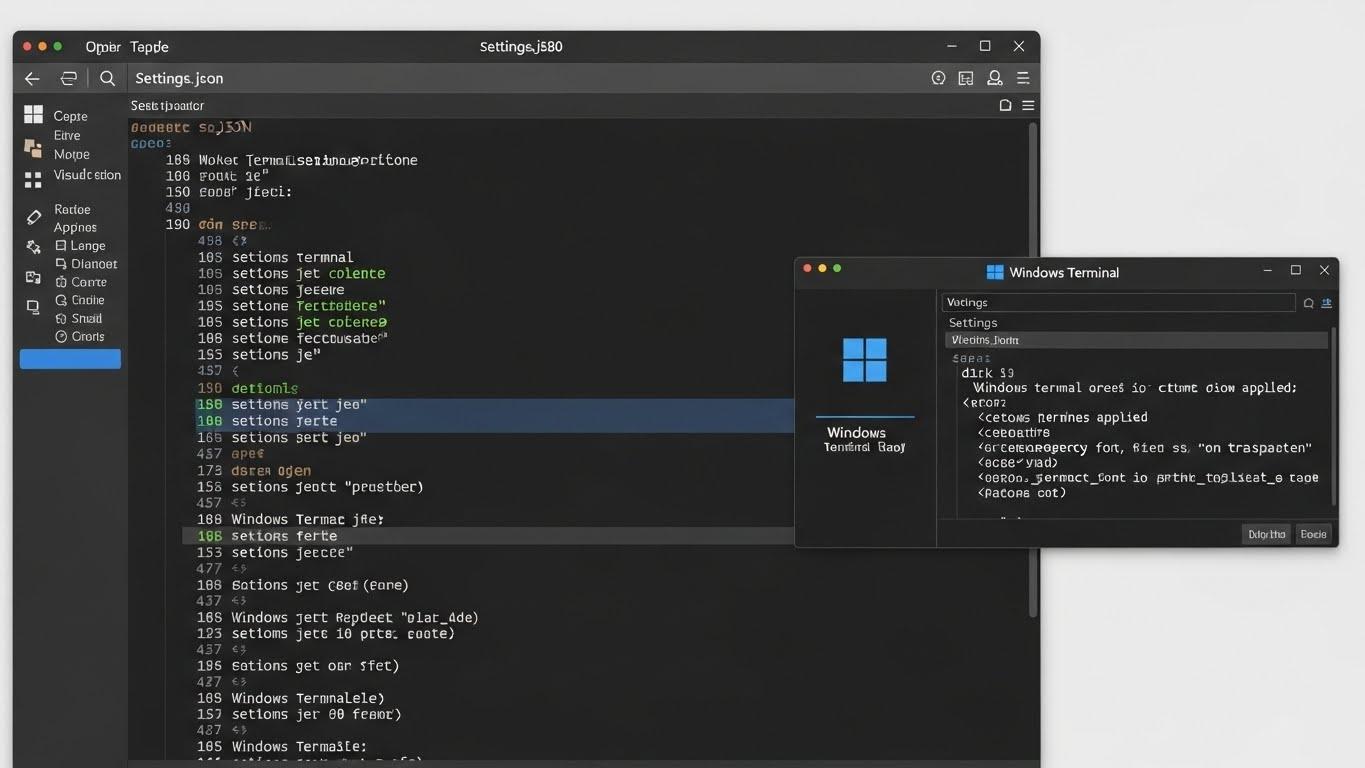 Windows Terminalのsettings.jsonファイルとカスタマイズ後のターミナル画面を比較したアイキャッチ画像。