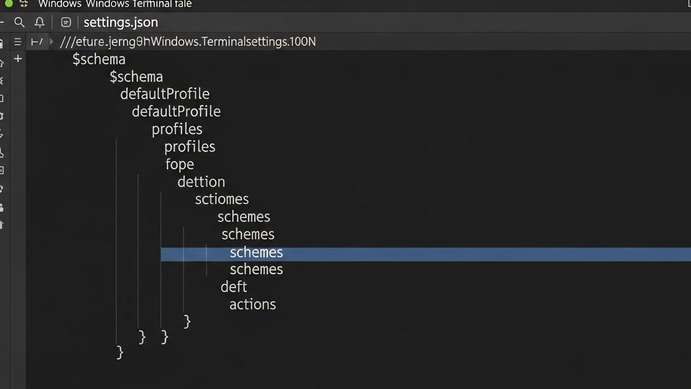 Windows Terminalのsettings.jsonファイルがVS Codeで開かれ、profilesやschemesなど主要なセクションの構造が示されているJSONコード。