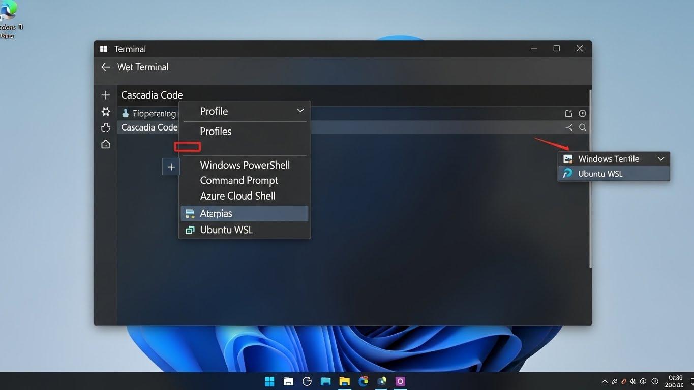 Windows TerminalのタブバーからPowerShell、コマンドプロンプト、WSLなど複数のプロファイルを選択できるドロップダウンメニュー