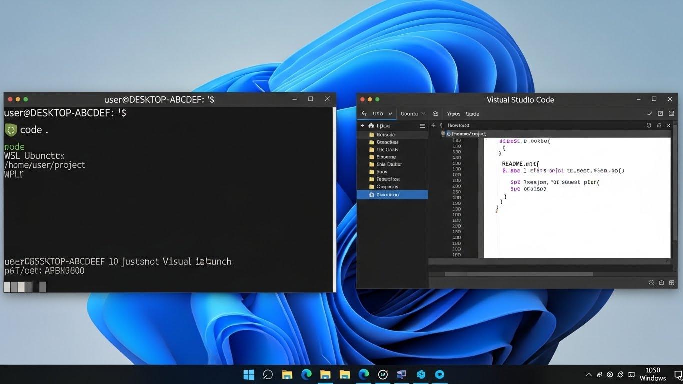 Windows TerminalのWSLタブで code . コマンドを実行し、Visual Studio Codeが起動している画面。