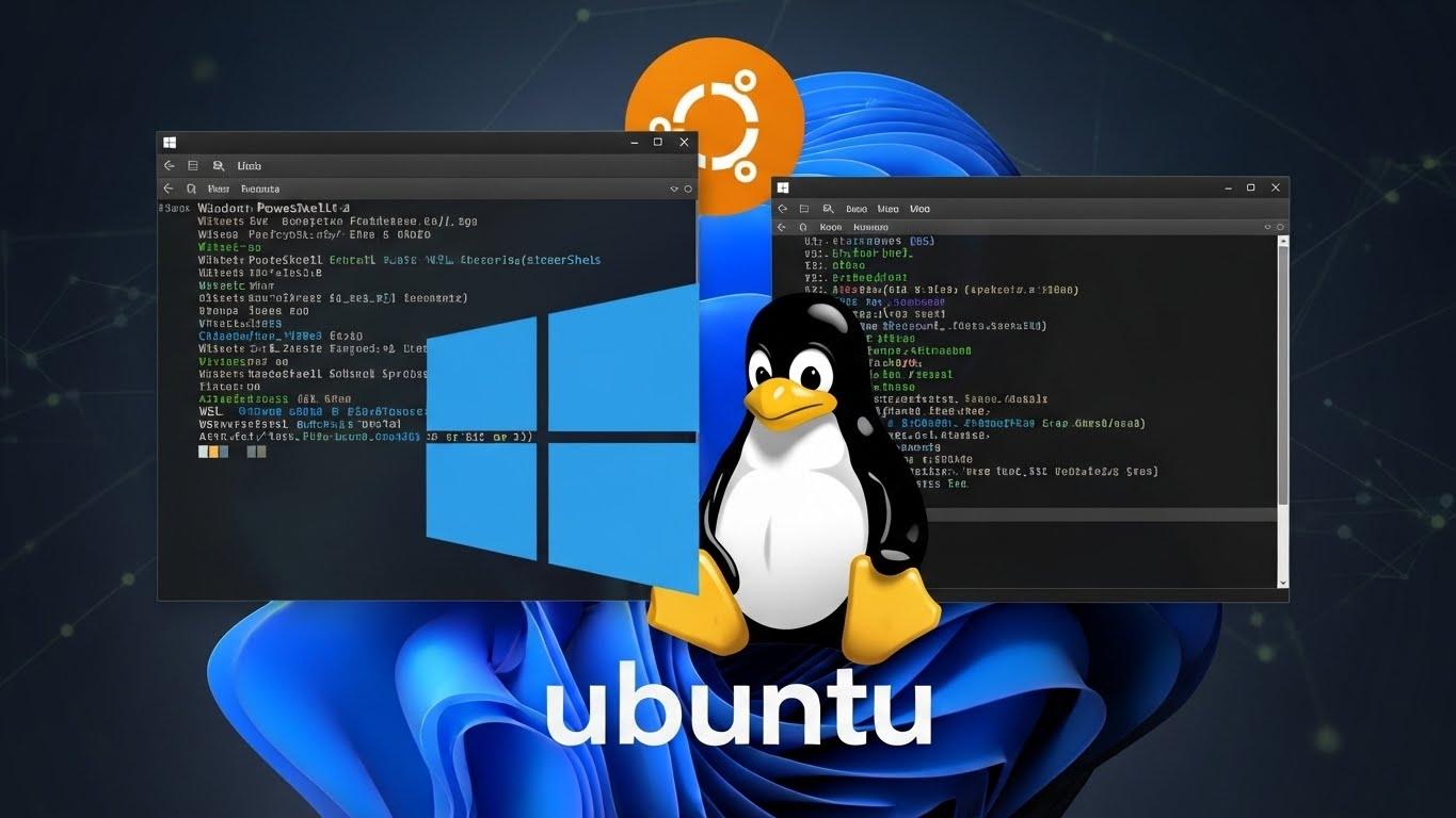 WindowsロゴとLinuxのペンギン、そしてWSL2のコマンドライン画面が融合した、WSL2設定ガイドのアイキャッチ画像。