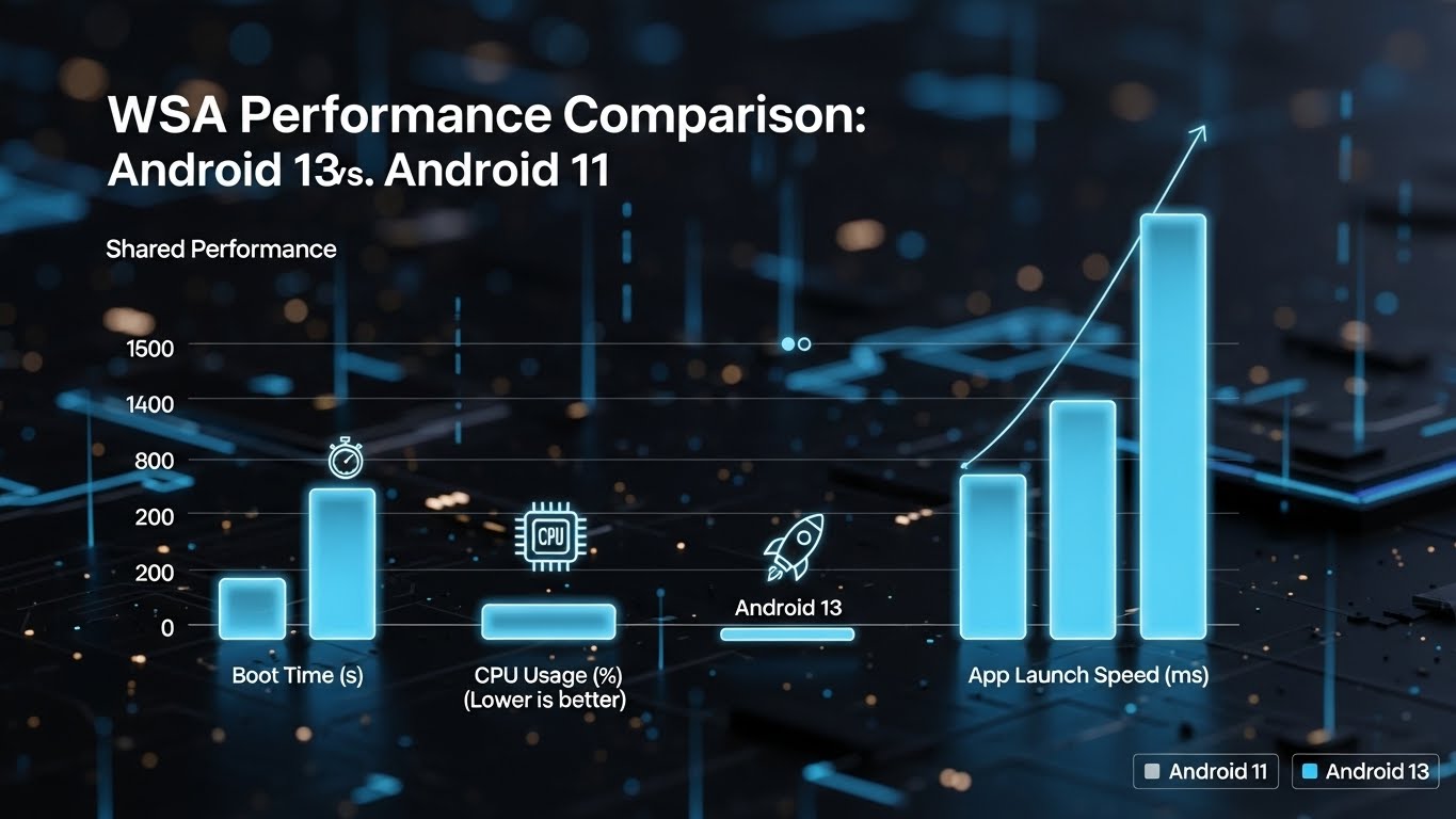 WSAのバージョンアップに伴うパフォーマンス向上を示すグラフ。Android 13の改善点が強調されている。