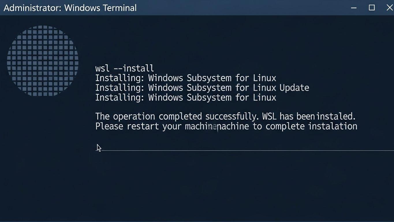 Windows Terminalでwsl --installコマンドが実行され、再起動を促すメッセージが表示されている画面。