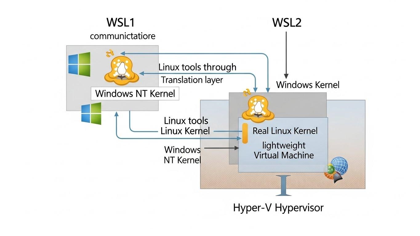 WSL1とWSL2のアーキテクチャ比較図。WSL2がHyper-V上で動作する本物のLinuxカーネルを持つ仮想マシンであることを示す。