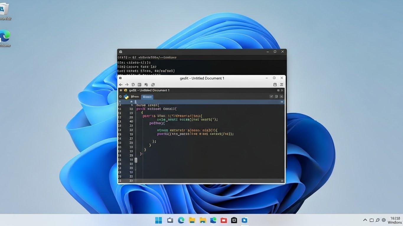 Windows 11のデスクトップで、WSL2経由で起動したLinuxのテキストエディターGeditがWindowsのウィンドウとして表示されている。