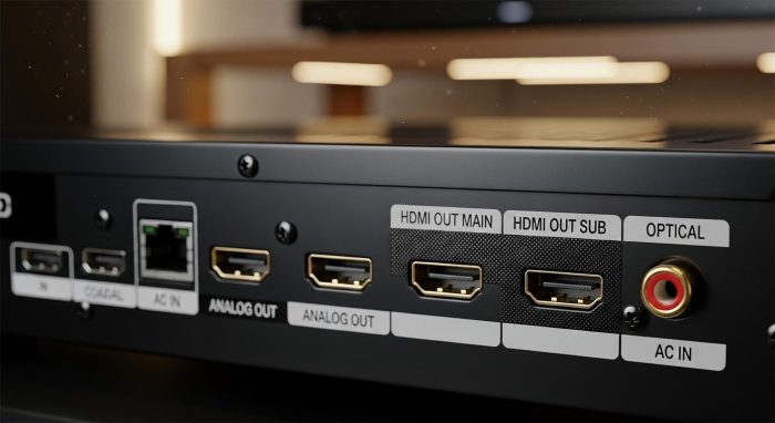 ブルーレイプレーヤーの背面にある金メッキHDMI端子と光音声出力