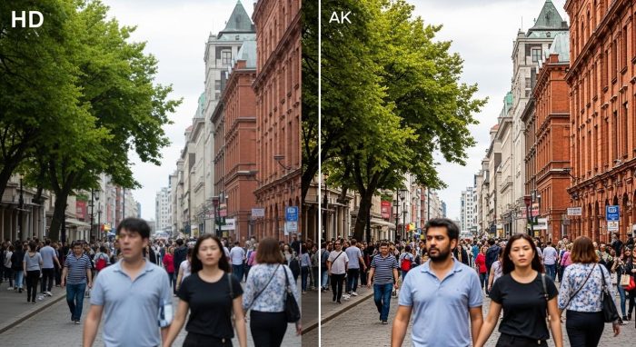 標準画質とAI補正による4K高画質映像の比較図解