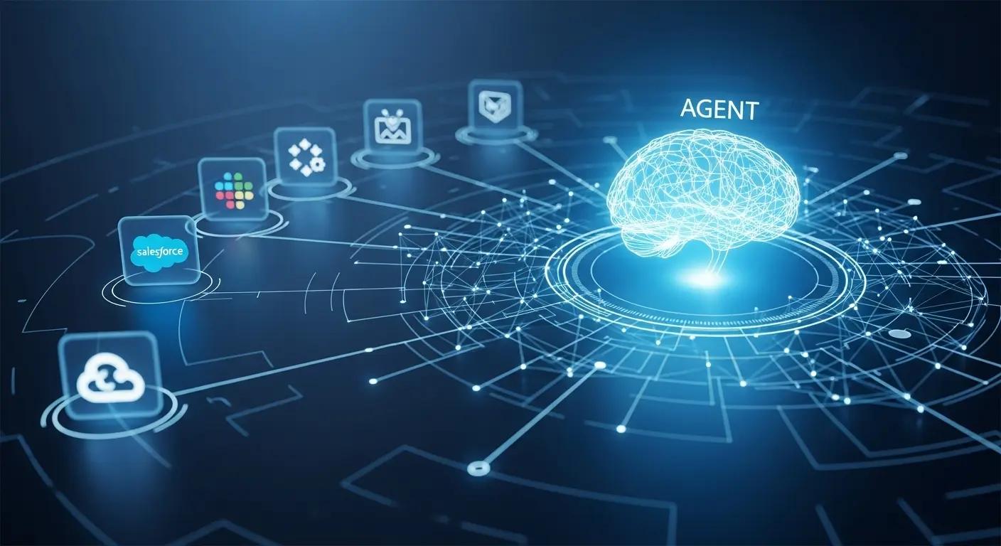AIエージェントが複数のビジネスツールと連携して自律的に業務を処理するイメージ図