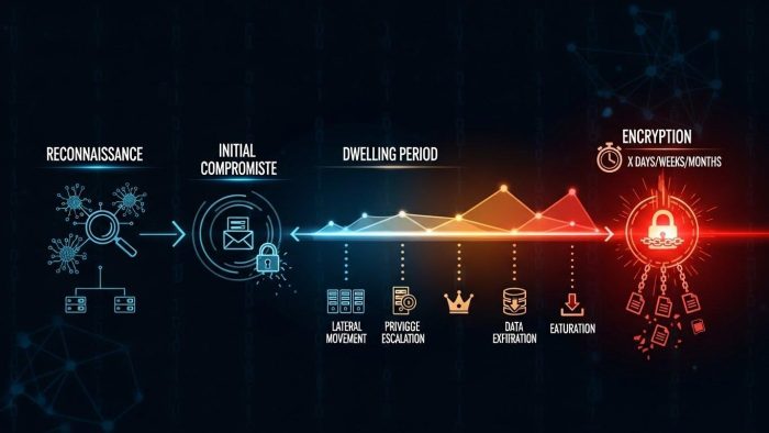 暗号化前の潜伏期間を含むサイバー攻撃のタイムライン図
