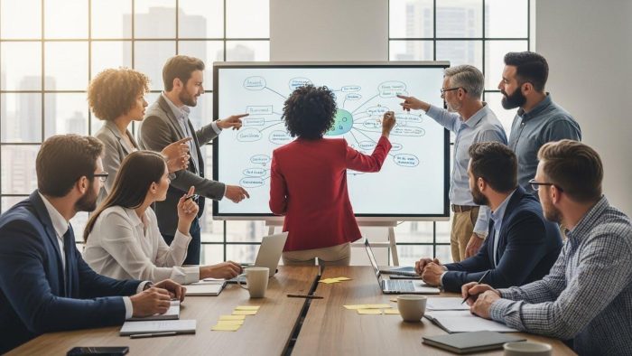 会議でKJ法を活用しているビジネスチームの様子