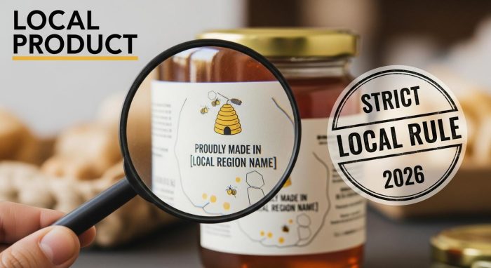 地場産品基準の厳格化を象徴する、虫眼鏡で産地を確認するイメージ