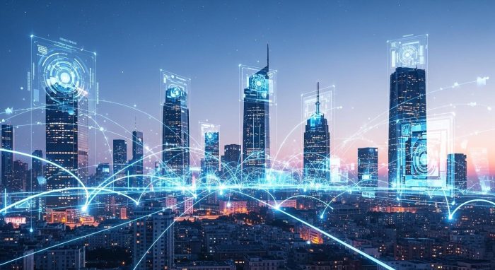 AIとビジネスが融合した未来の都市のスカイラインとデジタルデータフロー
