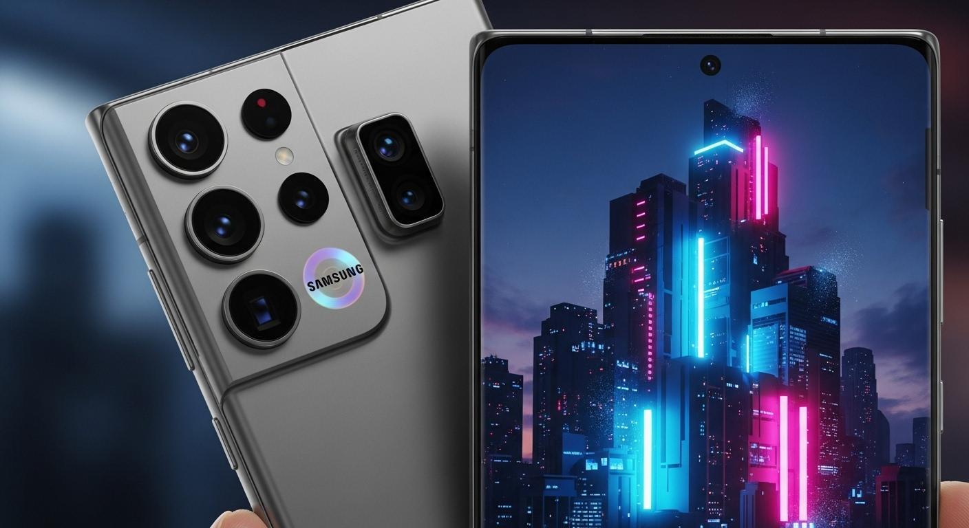 Galaxy S27 Ultraの洗練されたチタニウムフレームと背面のカメラユニットのイメージ