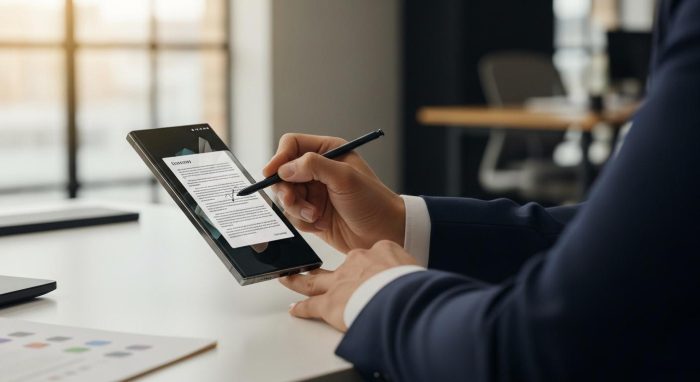 Galaxy S27 UltraでSペンを使ってデジタル文書にサインする様子