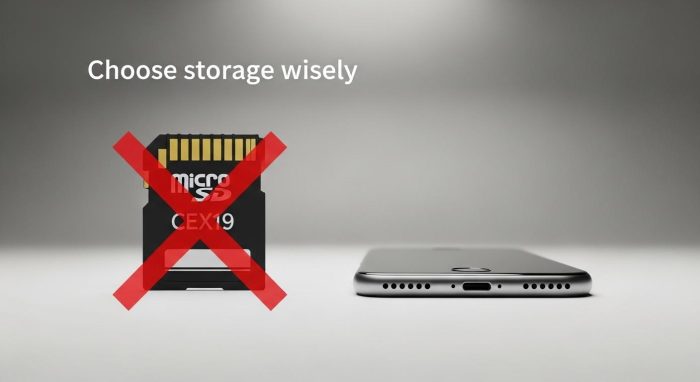 SDカード非対応であることを示し、ストレージ選びの重要性を説く図解