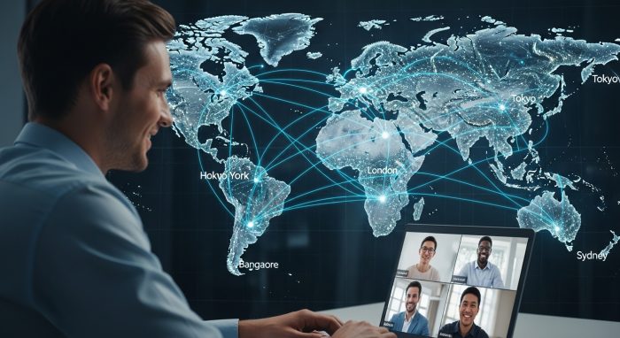 世界中の拠点とオンラインで繋がるITコンサルタントの仕事風景